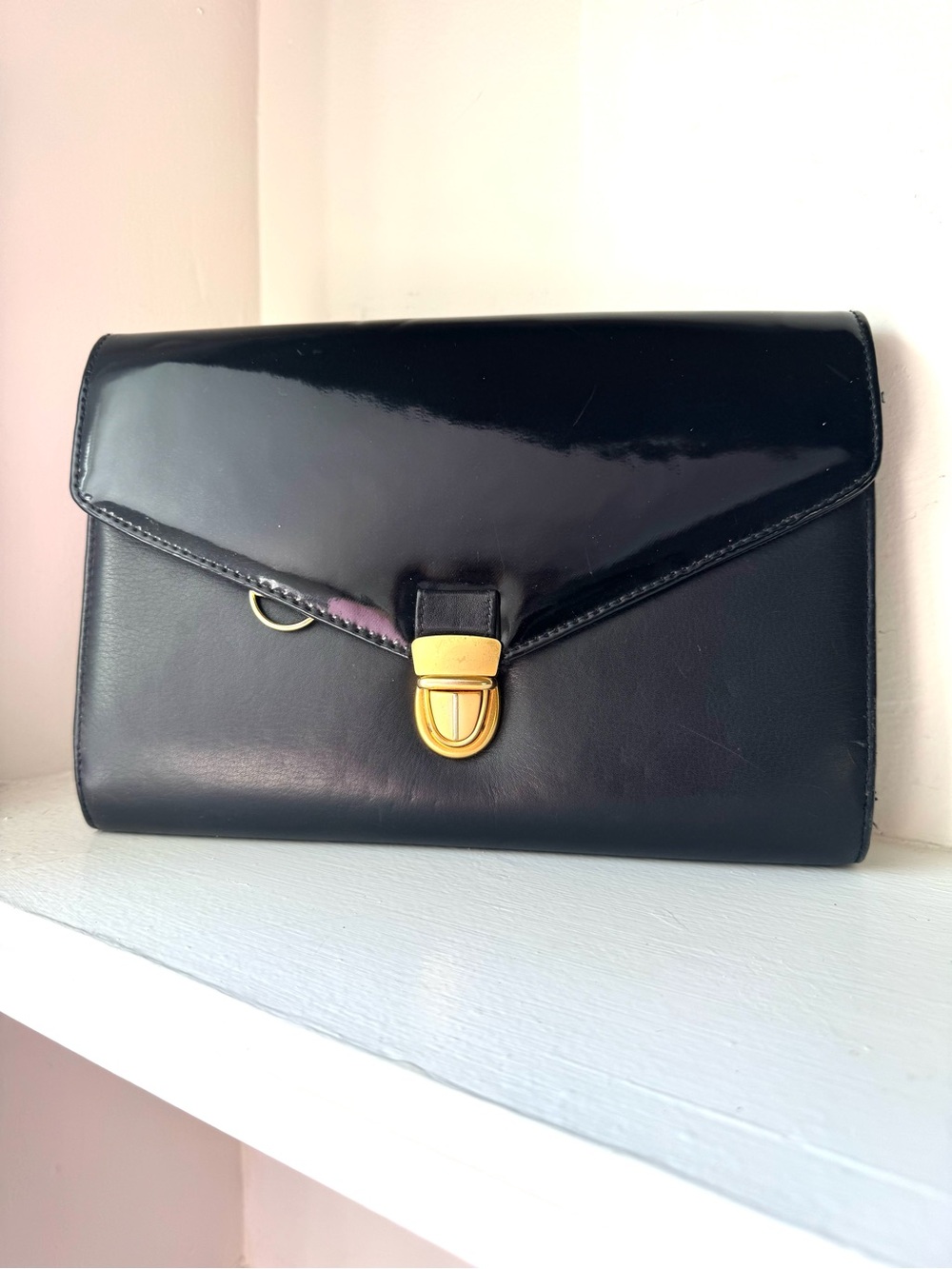 Giani Bernini Black Patent Leather Envelope Clutch with Gold Hardware